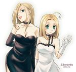  ahoge aqua_eyes artist_request bare_shoulders black_dress blonde_hair blush breasts catherine_elle_armstrong choker cleavage dress elbow_gloves fullmetal_alchemist gloves hair_over_one_eye large_breasts lips lipstick long_hair makeup medium_breasts multiple_girls olivier_mira_armstrong siblings sisters white_dress 