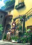  arm_support book boots bread brown_hair bsan building flower food hair_flower hair_ornament highres original plant potted_plant sash scarf scenery short_hair sitting solo stairs tree 