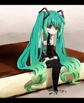  aqua_eyes aqua_hair chikkuru detached_sleeves gradient_hair hatsune_miku letterboxed long_hair multicolored_hair necktie sitting skirt solo tears thighhighs twintails very_long_hair vocaloid 