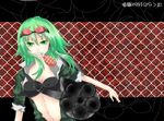  bad_id bad_pixiv_id black-world bokura_no_16bit_warz_(vocaloid) breasts camouflage cleavage explosive fang gatling_gun goggles goggles_on_head green_eyes green_hair grenade grin gumi gun highres huge_weapon medium_breasts midriff mouth_hold navel open_clothes open_shirt shirt short_hair sleeves_rolled_up smile solo vocaloid weapon 