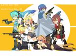  4girls angry aqua_eyes aqua_hair bad_id bad_pixiv_id blonde_hair blue_eyes blue_scarf brown_eyes brown_hair fang gun hatsune_miku headphones hibimegane kagamine_len kagamine_rin kaito lying megurine_luka meiko multiple_boys multiple_girls necktie on_stomach pink_hair rifle scarf short_hair smile thighhighs twintails vocaloid weapon 