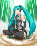  aqua_eyes aqua_hair bamboo bamboo_forest detached_sleeves floating forest hatsune_miku headphones headset highres indian_style long_hair mac_(dog_dog) nature navel necktie sitting skirt solo thighhighs twintails very_long_hair vocaloid zettai_ryouiki 