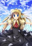  absurdres air blonde_hair blue_eyes feathers hair_ribbon highres kamio_misuzu long_hair masaki_kei outstretched_arms ponytail ribbon school_uniform solo spread_arms 