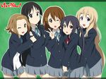  akiyama_mio arm_grab black_hair blazer blonde_hair blue_eyes blush brown_eyes brown_hair face hair_ornament hairband hairclip hirasawa_yui ikari_manatsu jacket k-on! kotobuki_tsumugi long_hair md5_mismatch multiple_girls nakano_azusa no_legwear one_eye_closed ribbon school_uniform short_hair skirt smile tainaka_ritsu twintails v 