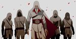  armor assassin's_creed:_brotherhood assassin's_creed_(series) beard belt blade bracer cape ezio_auditore_da_firenze facial_hair gb_(doubleleaf) gloves hidden_blade hood multiple_boys petals simple_background vambraces weapon 