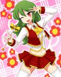  \m/ adapted_costume ascot brooch flower green_hair jewelry kazami_yuuka long_hair magical_girl midriff navel one_eye_closed pink_background plaid plaid_background plaid_skirt plaid_vest pose red_eyes skirt skirt_set smile solo thighhighs touhou unadare vest w wand white_legwear 