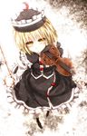  blonde_hair from_above hat highres instrument kazetto looking_up lunasa_prismriver short_hair solo touhou violin yellow_eyes 