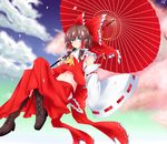 bad_id bad_pixiv_id blue_eyes boots bow brown_hair colored_eyelashes cross-laced_footwear detached_sleeves floating hair_bow hakurei_reimu highres kinsenka knee_boots lace-up_boots large_bow long_hair midriff navel oriental_umbrella petals sky solo touhou umbrella wide_sleeves 