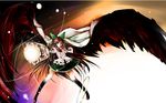  alternate_weapon arm_cannon black_hair bow cape hair_bow long_hair mr.milk_caramel red_eyes reiuji_utsuho solo touhou very_long_hair wallpaper weapon wings 