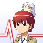  1girl angel_beats! chibi chibi_on_head karmanism long_hair necktie on_head otonashi_(angel_beats!) purple_eyes red_hair school_uniform short_hair silver_hair sweatdrop tenshi_(angel_beats!) yellow_eyes 