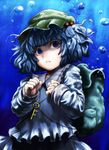  backpack bag blue_eyes blue_hair bubble face hair_bobbles hair_ornament hat kawashiro_nitori key lolicept short_hair solo touhou twintails two_side_up underwater 