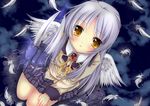  angel_beats! feathers highres kneeling long_hair looking_up silver_hair skirt solo tenshi_(angel_beats!) usagihime wings yellow_eyes 
