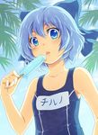  akashirokai bad_id bad_pixiv_id banned_artist bare_shoulders blue_eyes blue_hair bow cirno food hair_bow looking_at_viewer name_tag one-piece_swimsuit popsicle school_swimsuit short_hair solo swimsuit touhou upper_body 