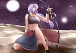  blue_eyes bow_(weapon) braid breasts hat huge_breasts long_hair midriff silver_hair skirt solo tobisawa touhou weapon yagokoro_eirin 