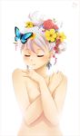  breast_hold breasts bug butterfly closed_eyes covering earrings emily_(meago) face flower hair_flower hair_ornament hands insect jewelry meago nude original solo 