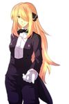  bad_id bad_pixiv_id blonde_hair bow bowtie crossdressing formal gloves hair_over_one_eye hinase_kei long_hair pant_suit pokemon pokemon_(game) pokemon_dppt reverse_trap shirona_(pokemon) simple_background smile solo suit tailcoat tuxedo very_long_hair white_background white_gloves 