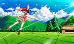  bad_id bad_pixiv_id bare_shoulders bloomers bow brown_hair closed_eyes cloud day detached_sleeves field flying hair_bow hakurei_reimu hill matsutani nature scenery short_hair sky solo touhou underwear upskirt 