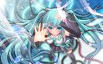  against_fourth_wall against_glass aqua_eyes aqua_hair bad_id bad_pixiv_id blue_eyes boots broken_glass crack fourth_wall glass hair_ornament hatsune_miku long_hair maryquant multiple_tails necktie skirt solo tail thighhighs twintails vocaloid 