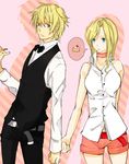  1girl blonde_hair blue_eyes bow bowtie breasts cake couple durarara!! food heiwajima_shizuo hetero large_breasts seki_(kaguudou) short_hair shorts sleeveless vorona 