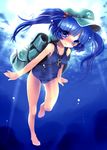  backpack bag barefoot blue_eyes blue_hair freediving full_body hair_bobbles hair_ornament hat katahira_masashi kawashiro_nitori key one-piece_swimsuit school_swimsuit short_hair solo swimming swimsuit touhou twintails two_side_up underwater 