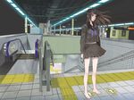  barefoot black_hair blue_eyes escalator feet legs long_hair looking_away midriff original pleated_skirt scenery school_uniform serafuku sign skirt solo stairs standing subway takase_(harakiri) train_station wind 