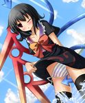  asymmetrical_wings black_hair black_legwear blush dress dress_lift houjuu_nue jpeg_artifacts liya one_eye_closed panties red_eyes short_hair side-tie_panties solo striped striped_panties thighhighs touhou underwear wading water wings 