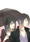  1girl bad_id bad_pixiv_id black_hair couple durarara!! flower hair_flower hair_ornament headband heiwajima_kasuka hetero hijiribe_ruri jewelry necklace shared_umbrella short_hair smile umbrella xenon_1005 