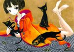  barefoot black_eyes black_hair cat original saboterian short_hair smile solo 