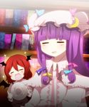  :d =_= bad_id bad_pixiv_id bat_wings blush book closed_eyes crescent happy hat head_wings koakuma library multiple_girls no_nose open_mouth patchouli_knowledge plate purple_hair red_hair smile sparkle takemizu touhou voile wings 