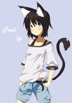  animal_ears aqua_eyes bad_id bad_pixiv_id belt black_hair cat_ears cat_tail hands_in_pockets heart ice_(doragon) off_shoulder original short_hair shorts solo tail 