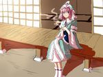  bad_id bad_pixiv_id cup hat highres maki_(huran) pink_eyes pink_hair porch saigyouji_yuyuko sitting smile solo steam tea touhou veranda yunomi 