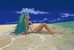  aqua_hair arm_support bad_id bad_pixiv_id bamola beach bikini cloud dark_skin day flat_chest hatsune_miku leaning_back legs lips long_hair looking_to_the_side ocean one-piece_tan outdoors parted_lips sky solo swimsuit tan tanline twintails vocaloid water 