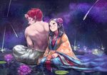  1girl belir blush demon_boy flower hair_flower hair_ornament horns japanese_clothes kimono lily_pad lotus original pointy_ears seiza shirtless sitting star tanabata water 