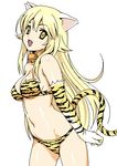  animal_ears animal_print bell bell_collar bikini blonde_hair cat_ears cat_tail collar elbow_gloves gloves koutaro long_hair lowres navel original solo swimsuit tail tiger_print 