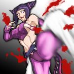  abs bare_shoulders belt breasts covered_nipples detached_sleeves drill_hair dudou evil_grin evil_smile fingerless_gloves gloves grin halter_top halterneck han_juri kicking large_breasts looking_at_viewer makya midriff open_mouth perky_breasts purple_eyes purple_hair short_hair sideboob smile solo street_fighter street_fighter_iv_(series) toned twin_drills 