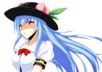  :&lt; bad_id bad_pixiv_id blue_hair bow dean food fruit hat hinanawi_tenshi long_hair peach red_eyes short_sleeves simple_background solo touhou 