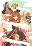  black_dress blue_dress blue_hair brown_hair cake closed_eyes cloud crown dress flower food fruit grin hat long_hair maria_(umineko) multiple_girls niso rose sakutarou smile staff strawberry stuffed_animal stuffed_lion stuffed_toy umineko_no_naku_koro_ni virgilia wand 