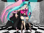  aqua_eyes aqua_hair belt flower hair_flower hair_ornament hair_over_one_eye hatsune_miku highres legs long_hair megurine_luka multiple_girls nico. pink_hair thighhighs torn_clothes torn_legwear twintails very_long_hair vocaloid world's_end_dancehall_(vocaloid) 