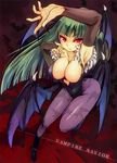  animal_print arm_up armpits bare_shoulders bat_print bat_wings boots breasts cleavage demon_girl elbow_gloves fingerless_gloves from_above gloves green_hair head_wings kaisanbutsu large_breasts leotard long_hair morrigan_aensland pantyhose print_legwear red_eyes solo succubus vampire_(game) wings 