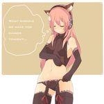  animal_ears black_panties blush elbow_gloves english garters gloves hibimegane highres lingerie long_hair megurine_luka navel panties pink_hair smile solo thighhighs underwear undressing vocaloid 