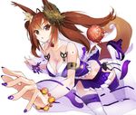  animal_ears armlet ball breasts brown_eyes brown_hair cleavage commentary_request foreshortening fox_ears fox_shadow_puppet fox_tail geta gold_trim hair_ornament hands japanese_clothes japanese_flag jpeg_artifacts large_breasts long_hair midriff nail_art nail_polish original purple_nails sanbasou see-through see-through_silhouette solo tail tattoo temari_ball tengu-geta thighhighs 