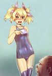  1girl blonde_hair blush bow_(bhp) dirty_old_man green_eyes hair_ribbon one-piece_swimsuit original pointing ribbon school_swimsuit short_hair swimsuit tears thighhighs twintails 