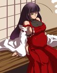  ahoge black_hair breasts detached_sleeves highres jpeg_artifacts large_breasts m.u.g.e.n original pregnant rekise sendai_hakurei_no_miko sideboob solo tatami touhou yellow_eyes 