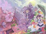  bat_wings black_hair black_wings blonde_hair braid broom camera city geta hat highres kirisame_marisa multiple_girls red_eyes remilia_scarlet scenery shameimaru_aya short_hair tengu-geta tokin_hat touhou wings witch_hat yuji_(masterpiece) 