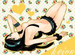  akiyama_mio bad_id bad_pixiv_id black_hair blue_eyes breasts floral_print headphones heart k-on! long_hair lying medium_breasts scrunchie solo topless wagimocco wrist_scrunchie 