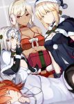  ahoge altera_(fate) altera_the_santa artoria_pendragon_(all) bare_shoulders bell black_bikini_top black_gloves blonde_hair blush bow box breasts cape capelet chaldea_uniform choker christmas dark_skin earmuffs elbow_gloves eyes_closed fate/apocrypha fate/grand_order fate_(series) fujimaru_ritsuka_(female) fur_trim gift gift_box gloves green_bow green_ribbon hair_ornament hair_scrunchie hat headpiece highres holding holding_gift jacket jeanne_d&#039;arc_(fate)_(all) jeanne_d&#039;arc_alter_santa_lily jeanne_d'arc_(fate)_(all) jeanne_d'arc_alter_santa_lily long_hair looking_at_viewer medium_breasts mittens multiple_girls ninoude_(ninoude44) one_side_up open_mouth orange_hair red_eyes ribbon saber_alter santa_alter santa_costume santa_hat scrunchie short_hair side_ponytail skirt sleeping small_breasts smile striped striped_bow striped_ribbon veil white_capelet white_hair white_jacket yellow_eyes younger 