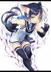  animal_ears armored_boots black_gloves black_legwear black_serafuku blue_hair boots cat_ears cat_tail elbow_gloves gloves gradient_hair green_eyes hair_flaps hair_ribbon highres kantai_collection lajhen2651 long_hair low_twintails multicolored_hair neckerchief paw_pose remodel_(kantai_collection) ribbon school_uniform serafuku simple_background sleeveless suzukaze_(kantai_collection) tail thighhighs twintails white_background 