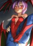  1girl bat_wings breasts cameltoe head_wings highres leotard lilith_aensland looking_at_viewer purple_hair red_eyes short_hair small_breasts solo tongue tongue_out umino_atari vampire_(game) wings 