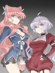  2girls ahoge blue_eyes breasts cleavage garter_straps hands_on_hips lanlanlap large_breasts lavender_hair long_hair maria_cadenzavna_eve multiple_girls pink_hair purple_eyes senki_zesshou_symphogear shorts single_thighhigh symphogear_pendant thighhighs yukine_chris 