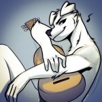  1:1 angiewolf anthro black_nose canid canine canis domestic_dog fur male mammal musical_instrument nude simple_background solo white_fur 